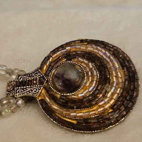 Vtg BEST 1980s Glass Beaded Round Pendant Witchy Necklace - Picture 9 of 13